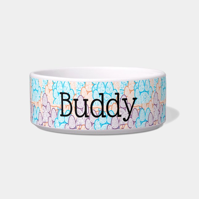 Colorful Paws Illusion Any Name Dog Bowl (Front)