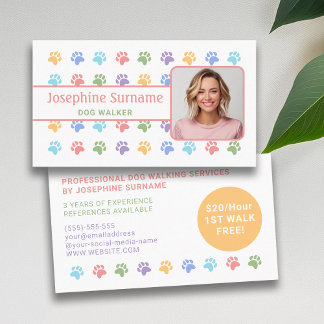 Colorful Paws Pattern With Custom Photo Dog Walker Business Card