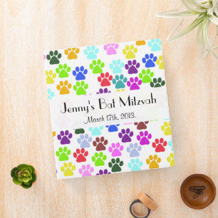 Colorful Paws, Paw Pattern, Dog Paws, Bat Mitzvah 3 Ring Binder