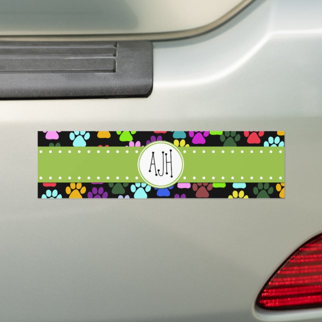 Colorful Paws, Paw Pattern, Dog Paws, Monogram Bumper Sticker (On Car)