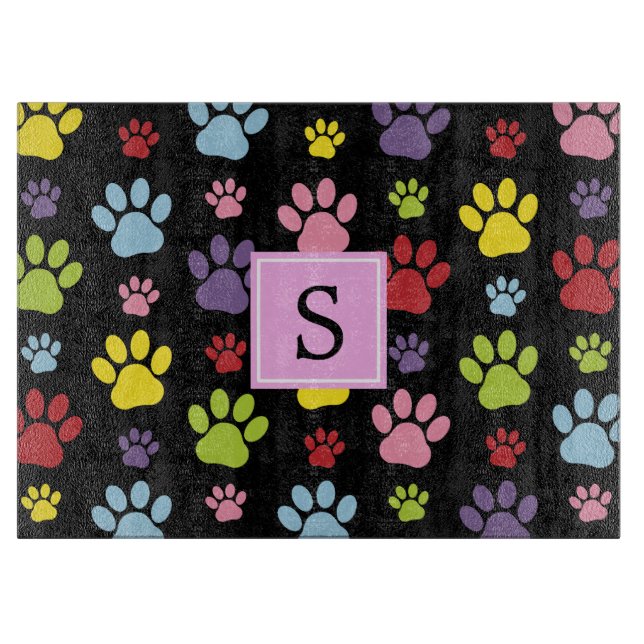 Colorful Paws, Paw Pattern, Dog Paws, Monogram Cutting Board (Front)