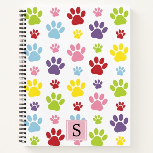 Colorful Paws Paw Pattern Dog Paws Monogram Notebook