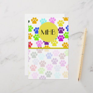 Colorful Paws, Paw Pattern, Dog Paws, Monogram Stationery