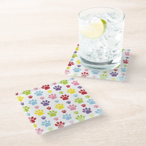 Colorful Paws Paw Pattern Dog Paws Paw Prints Glass Coaster