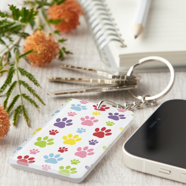 Colorful Paws, Paw Pattern, Dog Paws, Paw Prints Keychain (Front Right)