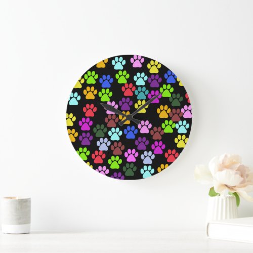 Colorful Paws Paw Pattern Dog Paws Paw Prints Large Clock
