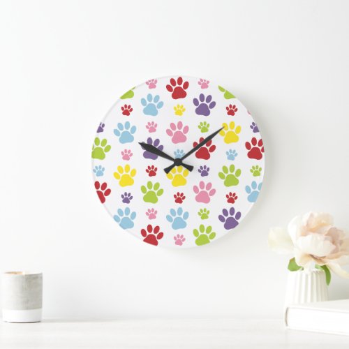 Colorful Paws Paw Pattern Dog Paws Paw Prints Large Clock