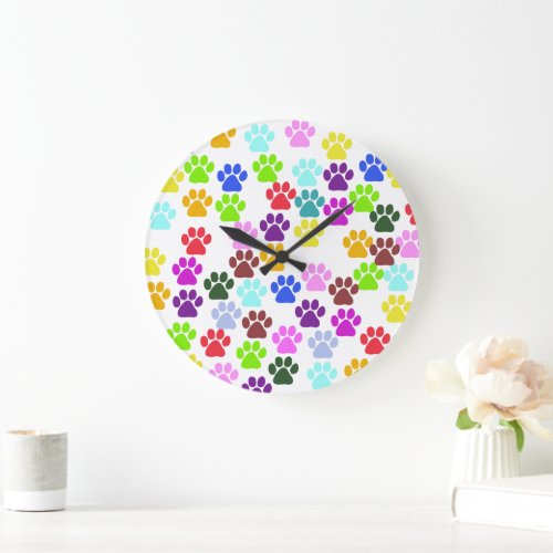 Colorful Paws Paw Pattern Dog Paws Paw Prints Large Clock