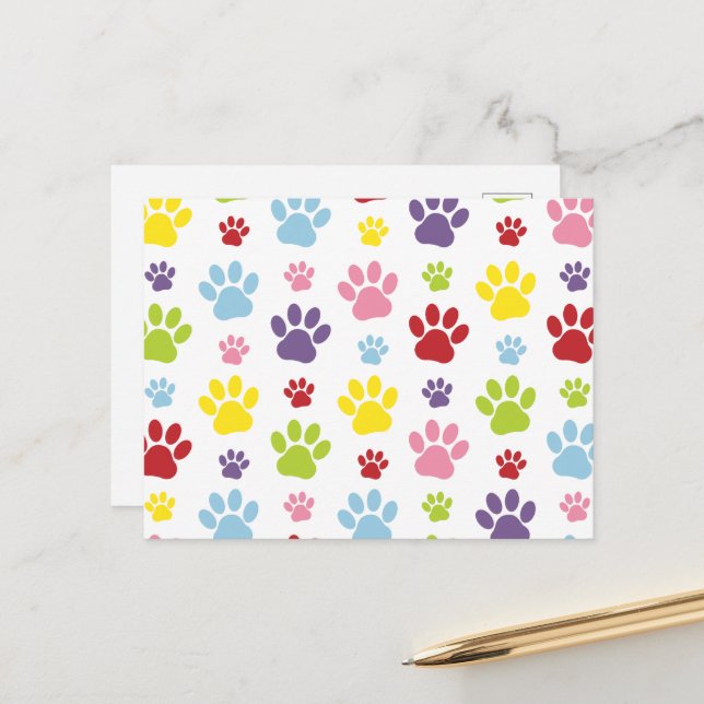 Colorful Paws, Paw Pattern, Dog Paws, Paw Prints Postcard (Front/Back In Situ)