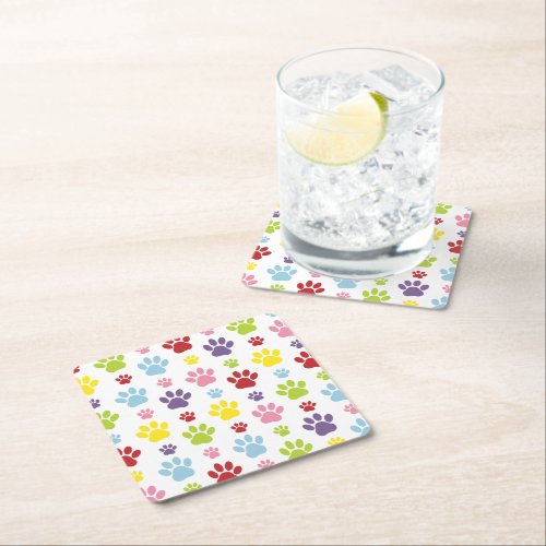 Colorful Paws Paw Pattern Dog Paws Paw Prints Square Paper Coaster