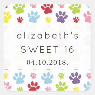 Colorful Paws, Paw Pattern, Dog Paws, Sweet 16 Square Sticker