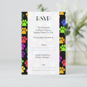 Colorful Paws, Paw Pattern, Dog Paws, Wedding RSVP Card