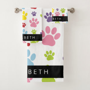 Colorful Paws, Paw Pattern, Dog Paws, Your Name Bath Towel Set