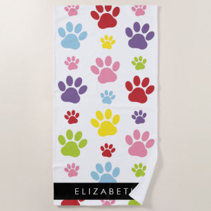 Colorful Paws, Paw Pattern, Dog Paws, Your Name Beach Towel