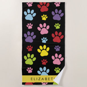 Colorful Paws, Paw Pattern, Dog Paws, Your Name Beach Towel