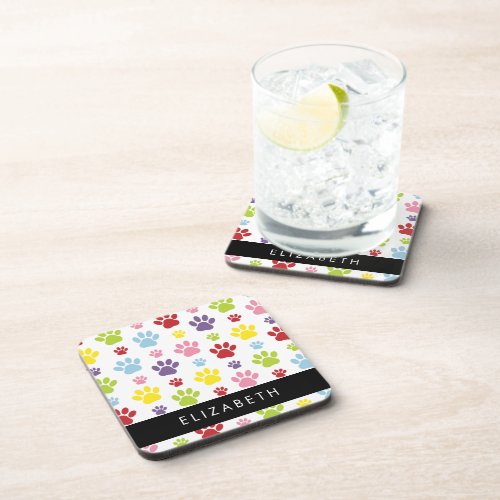Colorful Paws Paw Pattern Dog Paws Your Name Beverage Coaster