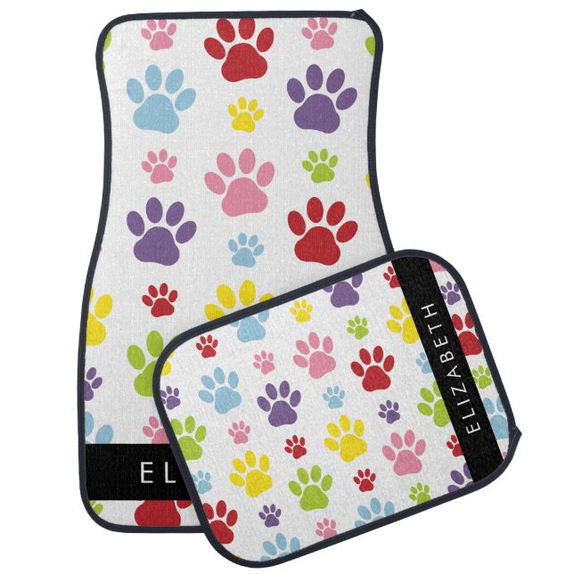 Colorful Paws, Paw Pattern, Dog Paws, Your Name Car Floor Mat (Set)