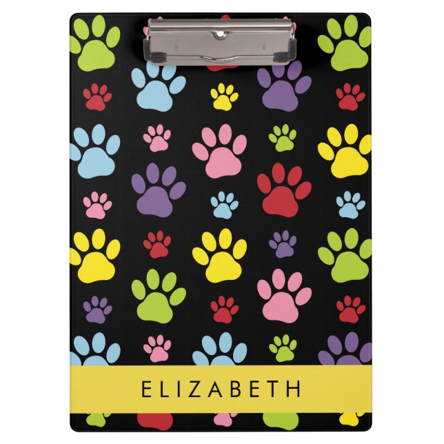 Colorful Paws, Paw Pattern, Dog Paws, Your Name Clipboard (Front)