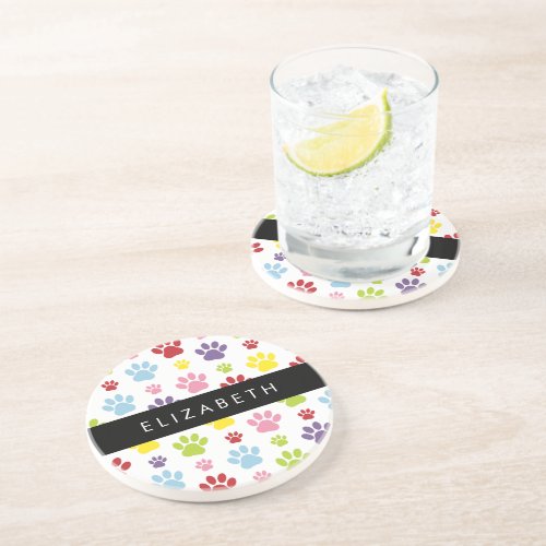 Colorful Paws Paw Pattern Dog Paws Your Name Coaster