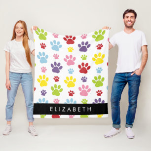 Colorful Paws, Paw Pattern, Dog Paws, Your Name Fleece Blanket