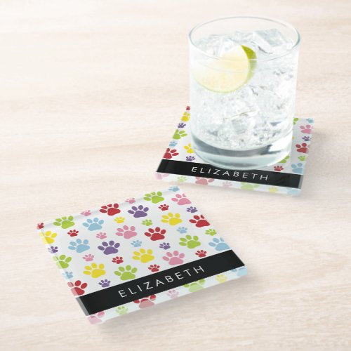 Colorful Paws Paw Pattern Dog Paws Your Name Glass Coaster