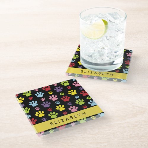 Colorful Paws Paw Pattern Dog Paws Your Name Glass Coaster