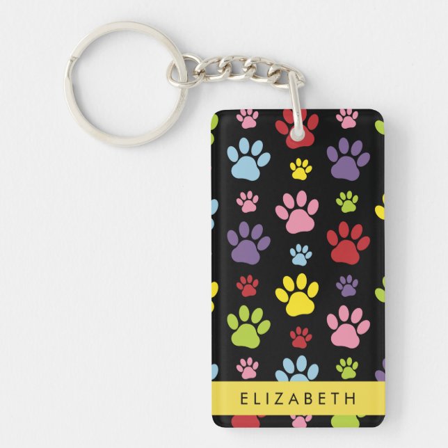 Colorful Paws, Paw Pattern, Dog Paws, Your Name Keychain (Front)
