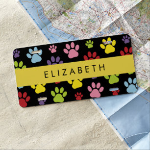 Colorful Paws, Paw Pattern, Dog Paws, Your Name License Plate