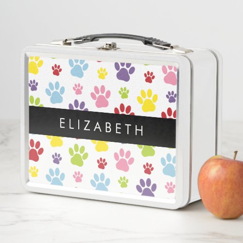 Colorful Paws Paw Pattern Dog Paws Your Name Metal Lunch Box