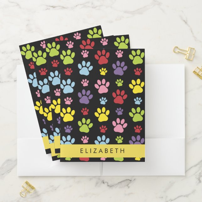 Colorful Paws, Paw Pattern, Dog Paws, Your Name Pocket Folder (In Situ)