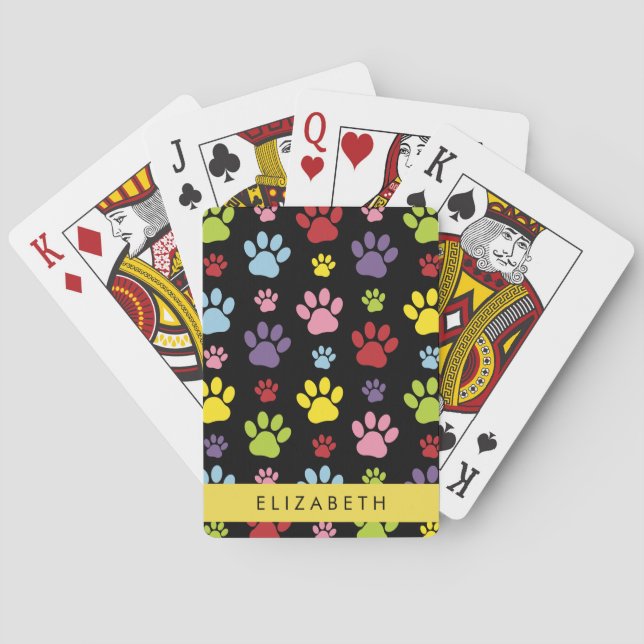 Colorful Paws, Paw Pattern, Dog Paws, Your Name Poker Cards (Back)