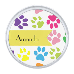 Colorful Paws, Paw Pattern, Dog Paws, Your Name Silver Finish Lapel Pin