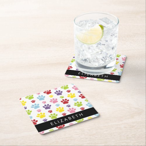Colorful Paws Paw Pattern Dog Paws Your Name Square Paper Coaster