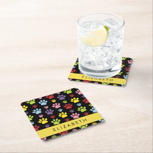 Colorful Paws Paw Pattern Dog Paws Your Name Square Paper Coaster