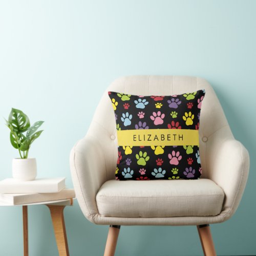 Colorful Paws Paw Pattern Dog Paws Your Name Throw Pillow