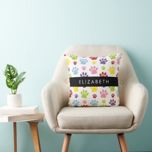 Colorful Paws Paw Pattern Dog Paws Your Name Throw Pillow