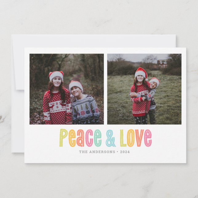 Colorful Peace and Love Two Photo Christmas Holiday Card (Front)