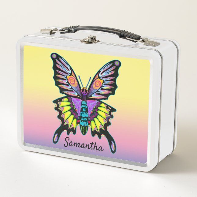 Colorful Peace Butterfly Personalized Metal Lunch Box (Front)