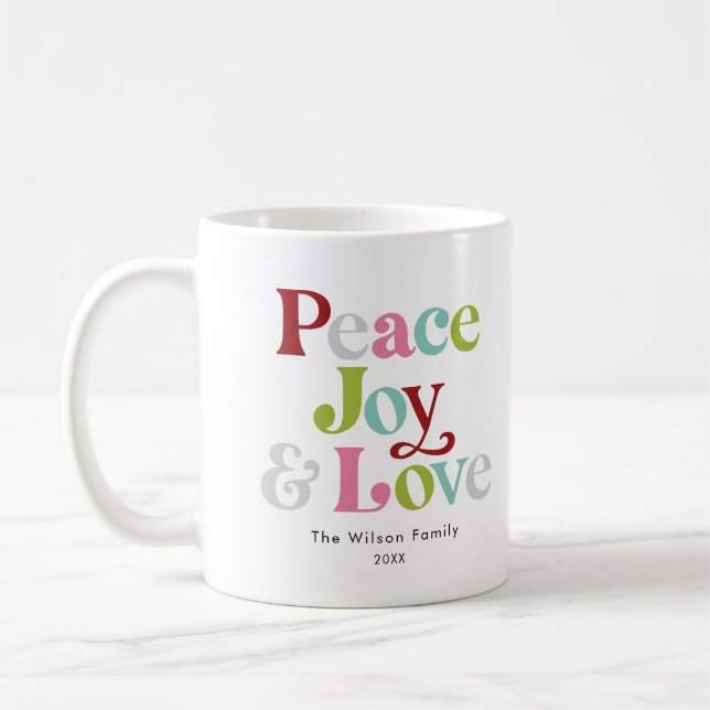 Colorful Peace Joy & Love Retro Christmas Family Coffee Mug (Left)