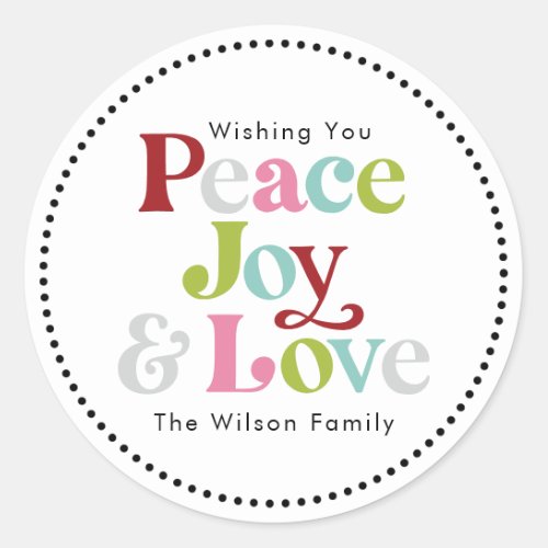 Colorful Peace Joy  Love Retro Christmas Holiday Classic Round Sticker