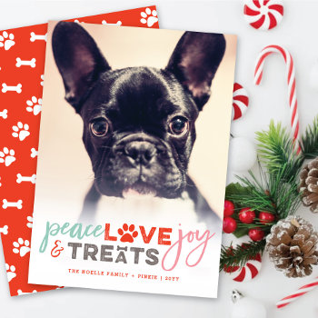 Colorful Peace Love Joy Treats Dog Lover Photo Pet Holiday Card by fat_fa_tin at Zazzle