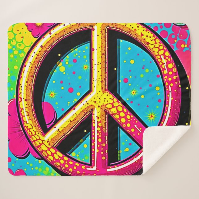 Colorful Peace & Love Vibe Sherpa Blanket (Front (Horizontal))