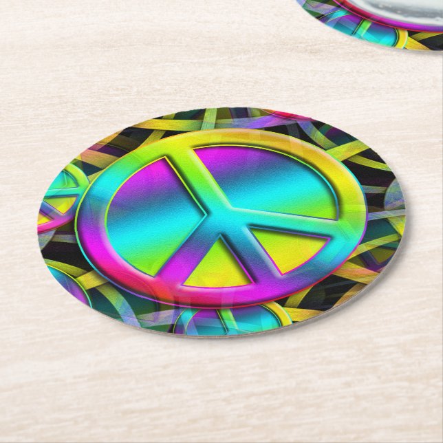 Colorful PEACE seamless pattern + your ideas Round Paper Coaster (Angled)