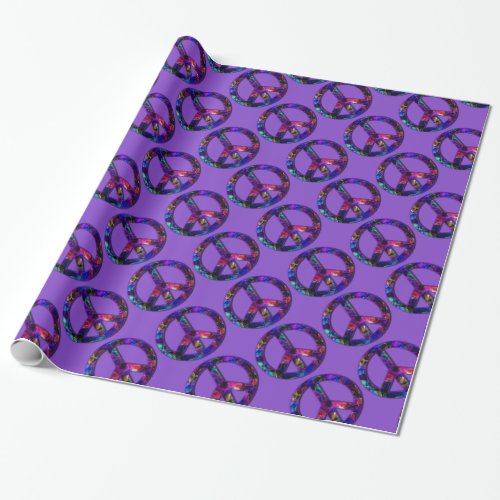 Colorful Peace Sign Pattern Purple Wrapping Paper