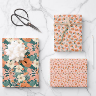 Colorful Peach Floral Wrapping Paper Sheets