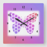 Colorful Peach Pink Purple Geometric Butterfly Art Square Wall Clock at Zazzle