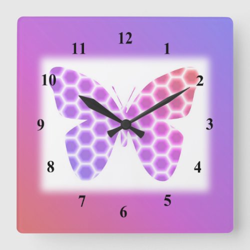Colorful Peach Pink Purple Geometric Butterfly Art Square Wall Clock