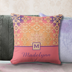 Colorful Peach Purple Damask Monogram  Throw Pillow