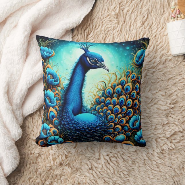 Colorful Peacock Among Vibrant Blue Flowers Throw Pillow (Blanket)