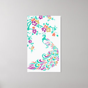 Colorful peacock and cherry blossoms custom canvas print